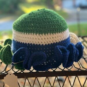 Green, White, and Blue ruffle Crochet Hat